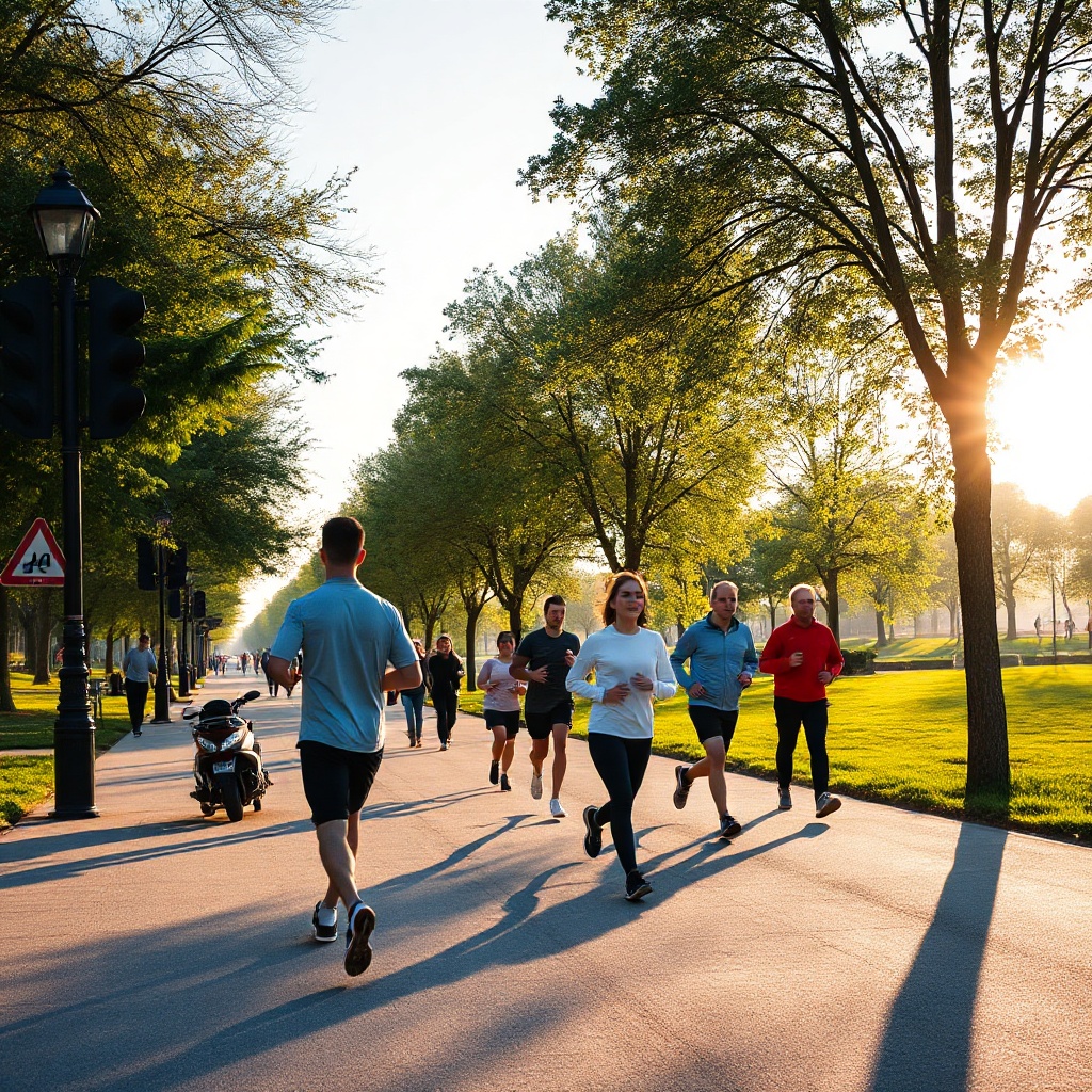 People walking and jogging in a park at sunrise