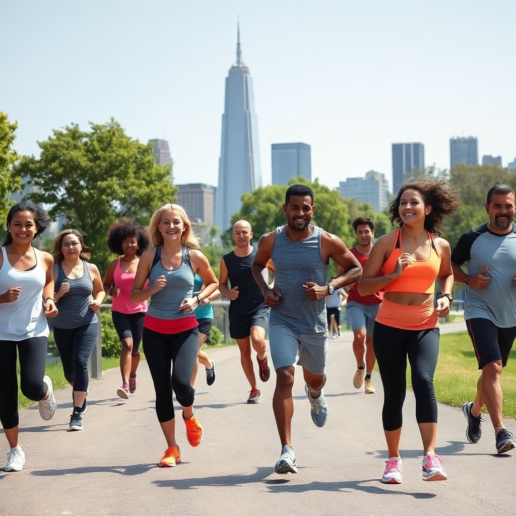 Diverse group exercising in a sunny urban park