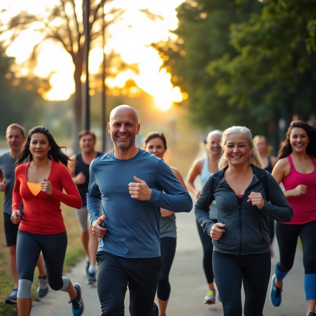Group of adults jogging in a park at sunrise