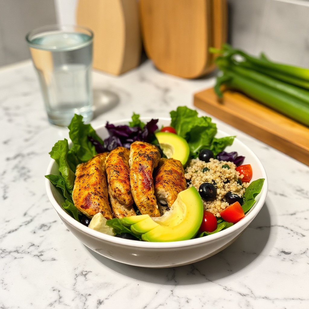 Healthy salad bowl with grilled chicken, quinoa, and water