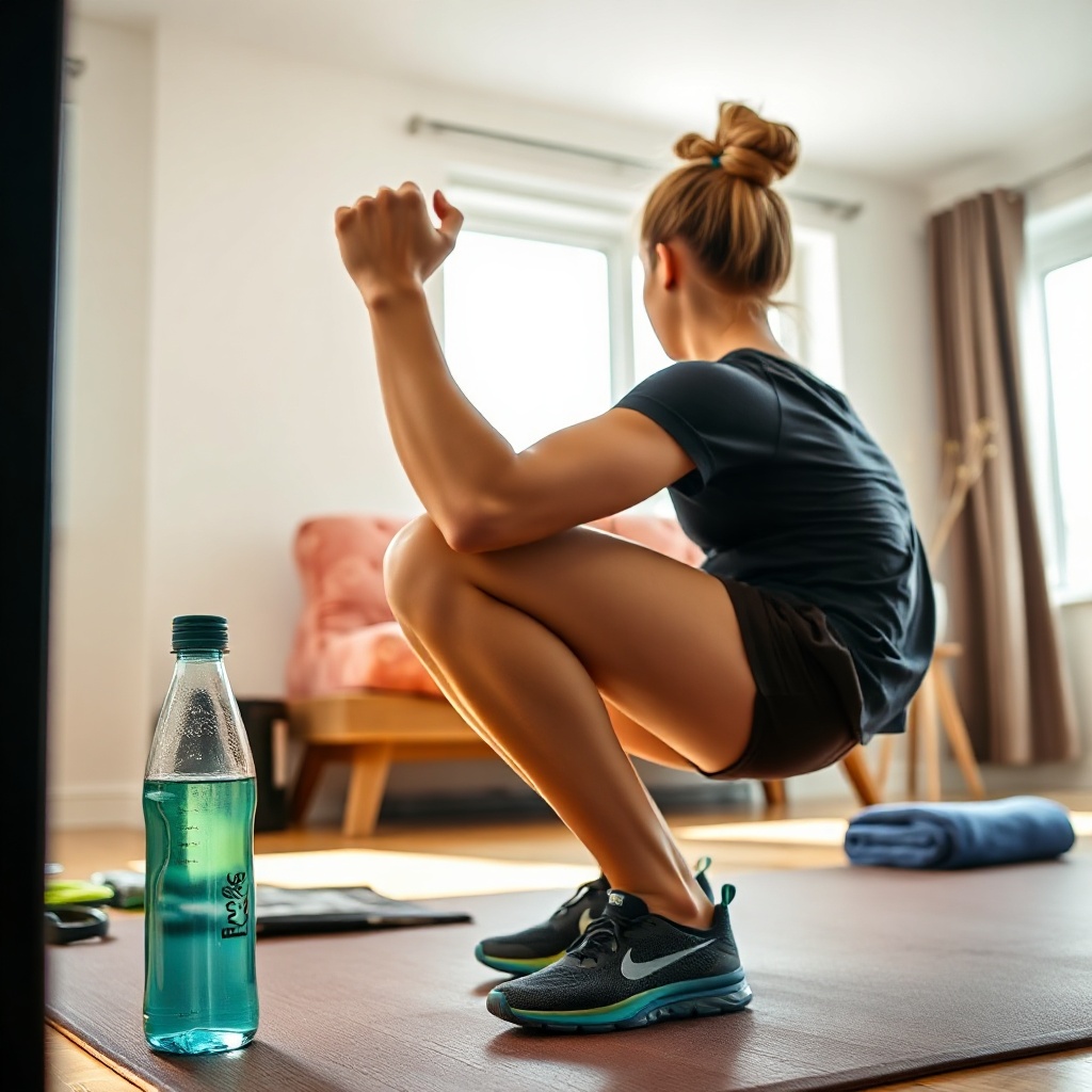 Person doing squats at home with water bottle nearby