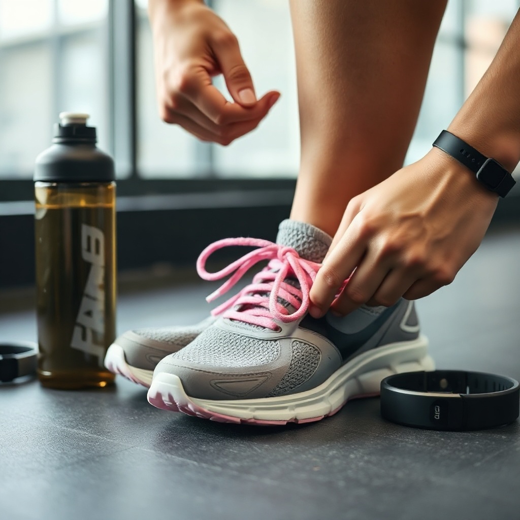 Person tying running shoes with water bottle and fitness tracker nearby